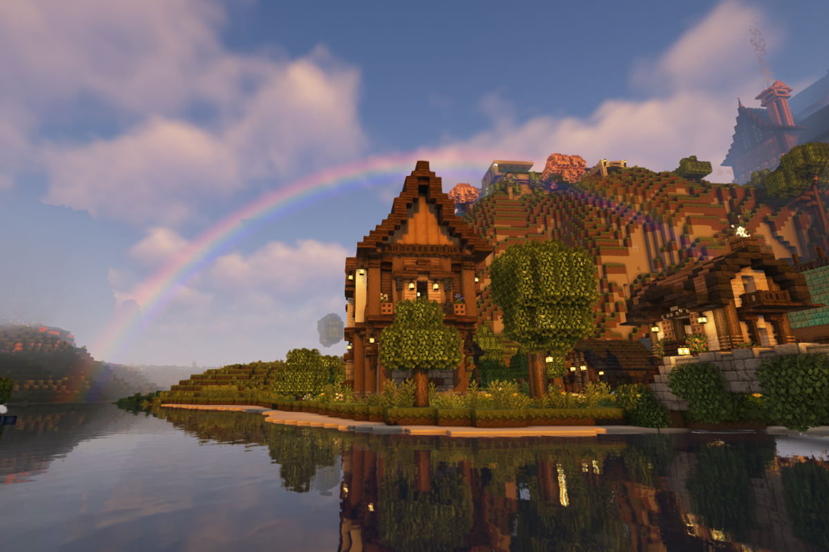 A rainbow over a Minecraft tavern.